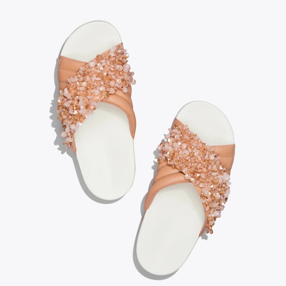 Tory Burch Shoes - Tory Burch NEW Logan embellished slide natural vachetta rose quilted leather